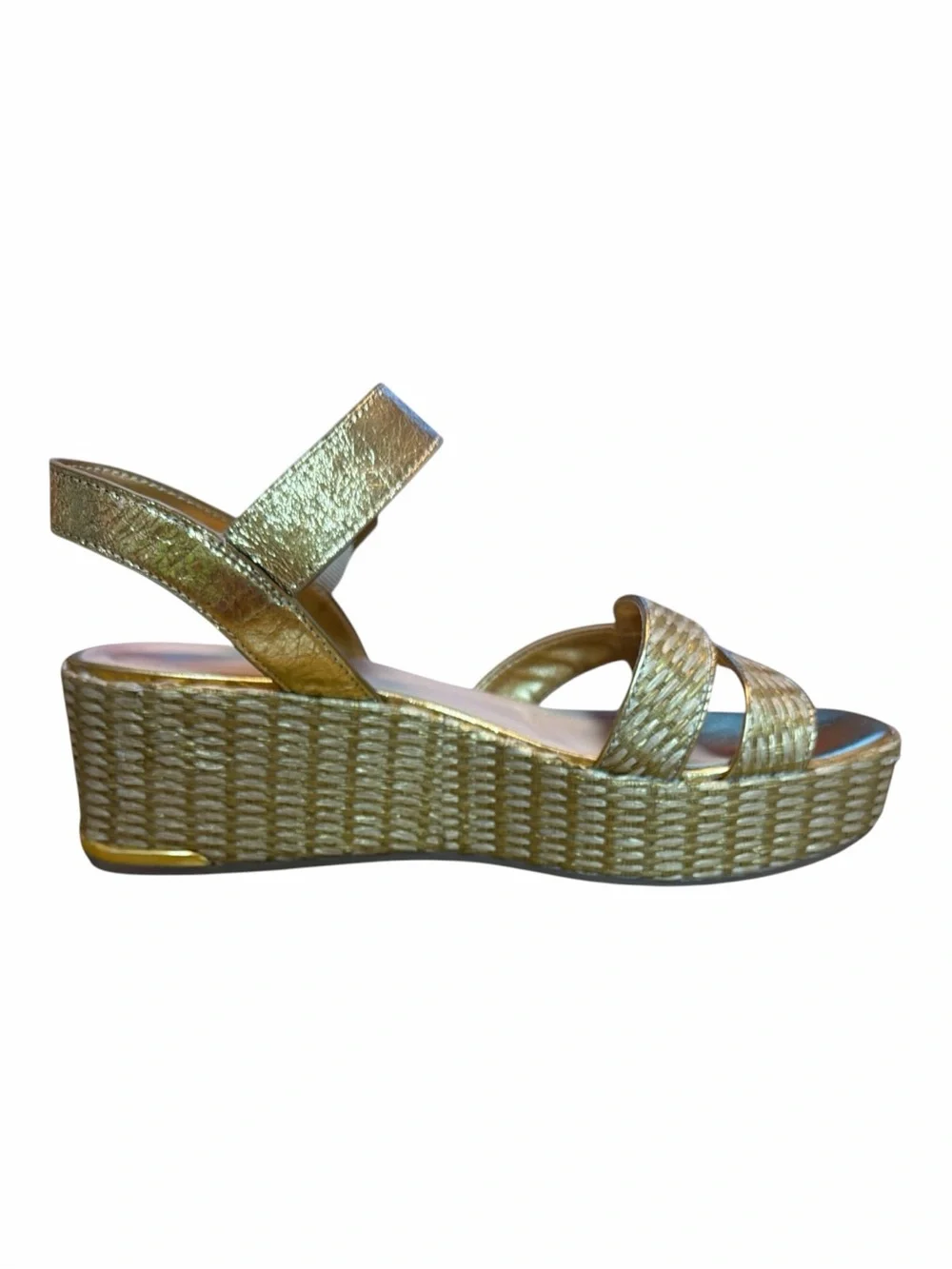 Franco Sarto Gold Metallic Wedge Sandals Raffia Platform Womens Size 9.5